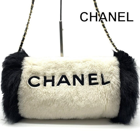 Chanel Hand Warmer Chain Shoulder Bag Crossbody CC Logo Fur Ivory Black