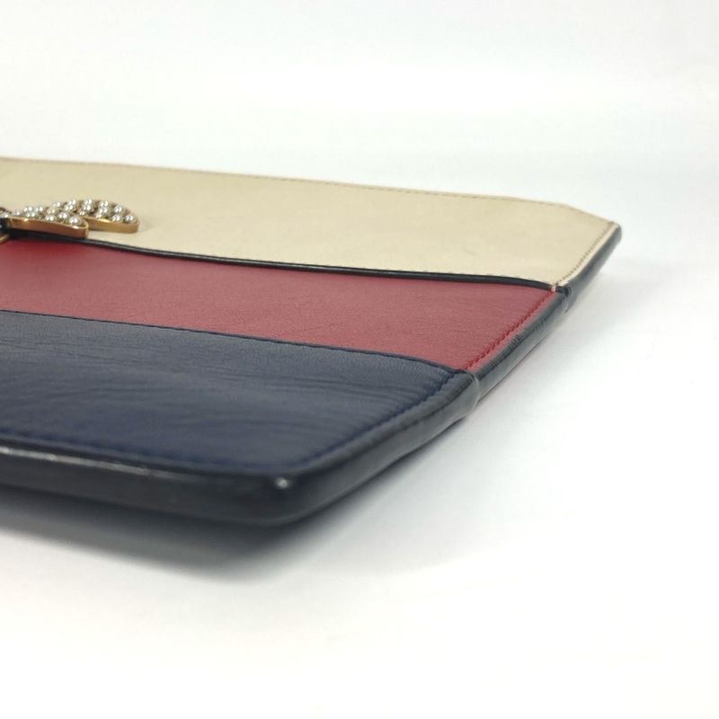 Gucci Clutch Bag BEE Striped Pearl Rhinestone 476077 Leather Red