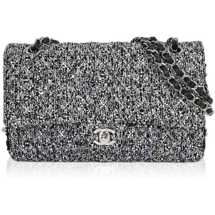 Chanel Quilted Chain Shoulder Bag Tweed Sequin Black Gray