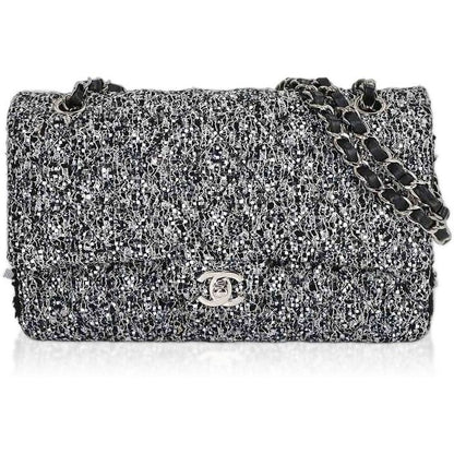 Chanel Quilted Chain Shoulder Bag Tweed Sequin Black Gray