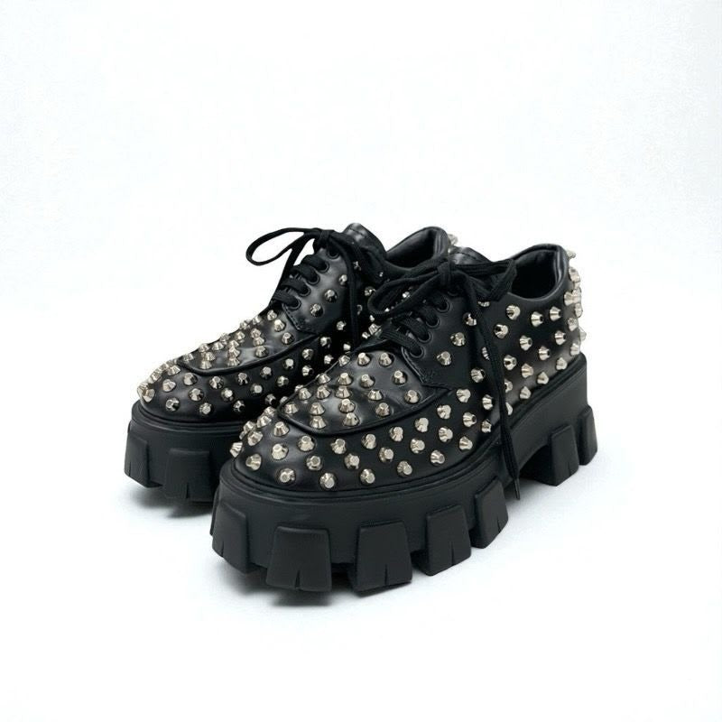 Prada Monolith Loafers Leather Shoes Black Silver Studded Lace Up