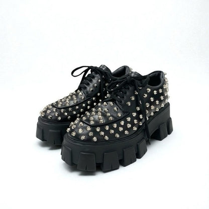 Prada Monolith Loafers Leather Shoes Black Silver Studded Lace Up