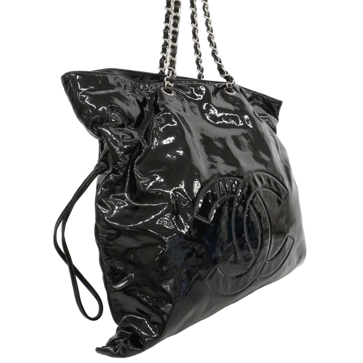 Chanel Chain Tote Patent Leather Black Silver — view 2