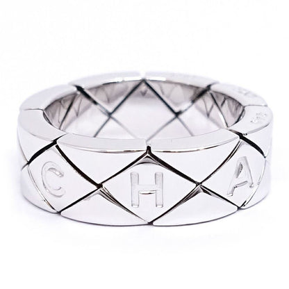 Chanel 18k White Gold Quilted Ring Logo Bullion Polished