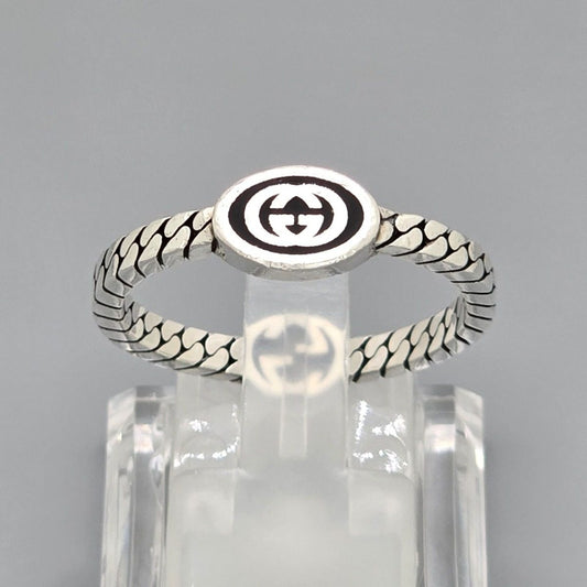 Gucci Interlocking Slim Ring Black Color Enamel Star Silver Gourmet Chain
