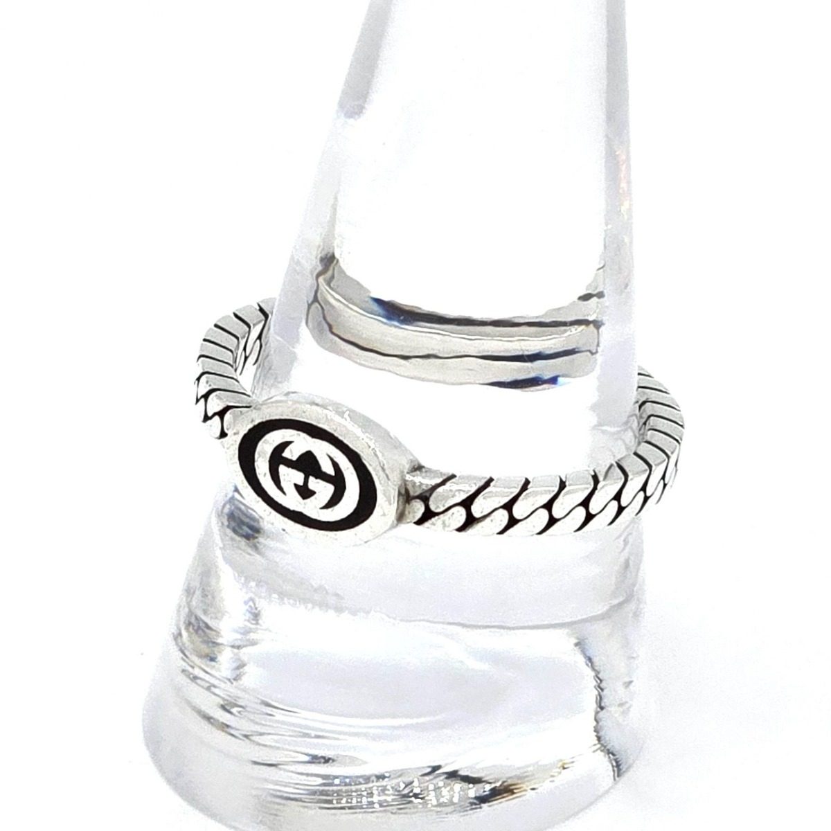 Gucci Interlocking Slim Ring Black Color Enamel Star Silver Gourmet Chain — view 2