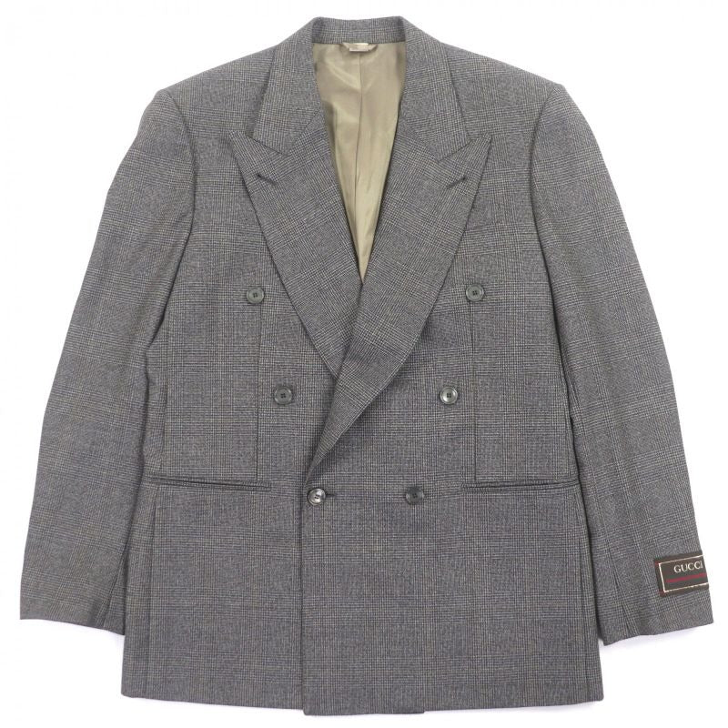 Gucci 100% Wool Check Pattern Double Breasted Terrace Jacket Brown 48