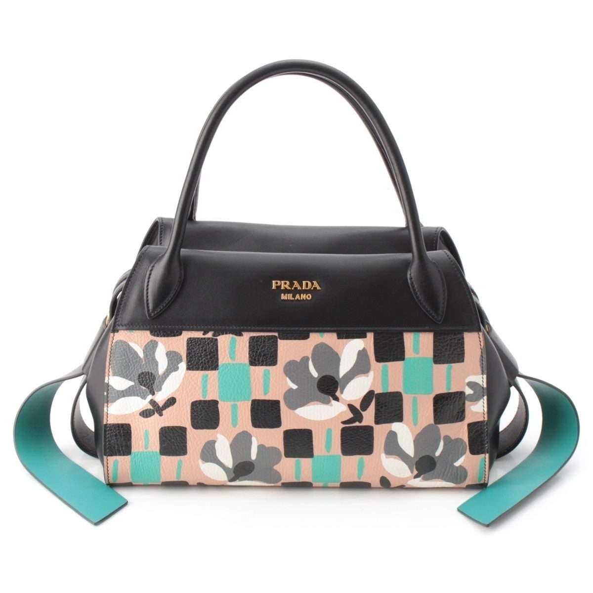Prada Madras Leather Logo Flower Bow Ring 2-Way Shoulder Handbag Multicolor