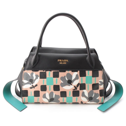 Prada Madras Leather Logo Flower Bow Ring 2-Way Shoulder Handbag Multicolor
