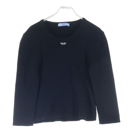 Prada Logo Embroidered Crew Neck Knit Black Flat