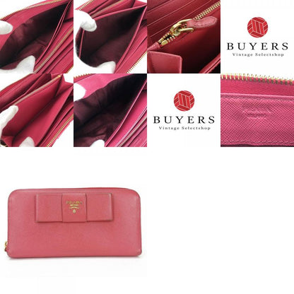 Prada Long Wallet Saffiano Pink Peonia Gold Hardware Round Zipper Ribbon Ladies