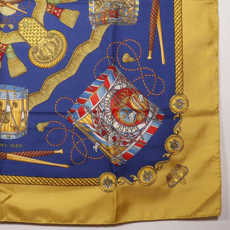 Hermes Carre 90 LES Tambours Tambour Drums Silk Blue Ladies Scarf