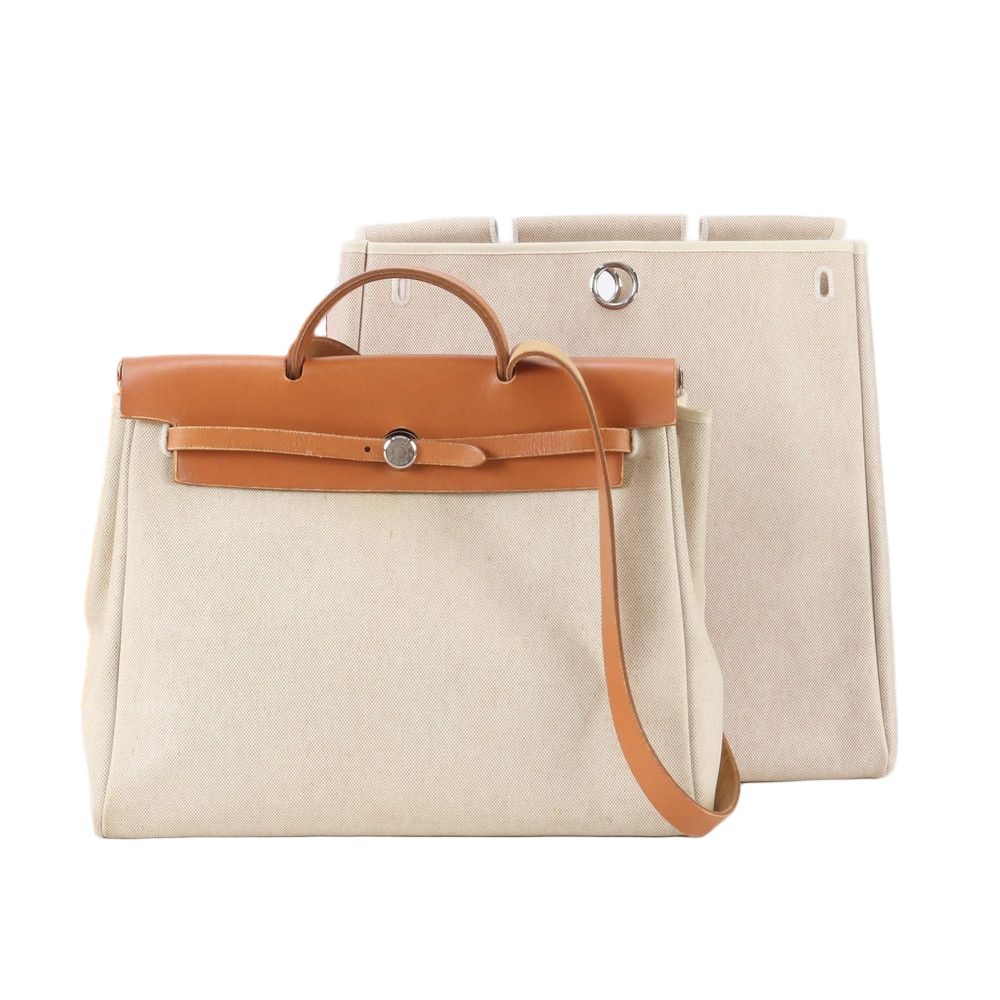 Hermes Herbag MM Leather Toile Ash 2-Way Shoulder Bag Business Tote