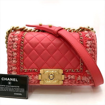 Chanel CC Logo Tweed Lambskin Chain Shoulder Bag Pink Gold