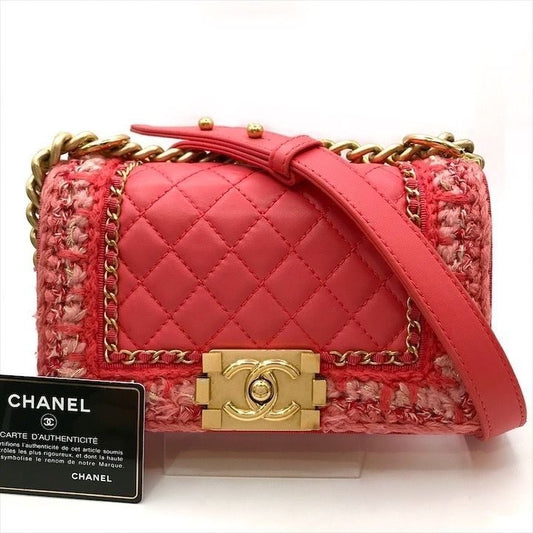 Chanel CC Logo Tweed Lambskin Chain Shoulder Bag Pink Gold
