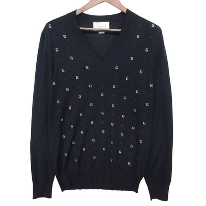 Gucci Knit Glogo All Over Pattern Sweater Neck Lightweight Wool Long Sleeve