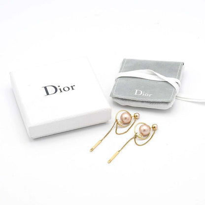 Christian DIOR Tribal Earrings Resin Pearl CD Logo Chain Pink GP 7.3g Box With