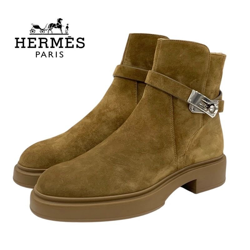 Hermes Veo Boots Short Shoes Suede Shearling Brown Silver