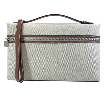 Loro Piana Extra Pouch Clutch Canvas Leather Camel Beige Sophistication Luxury