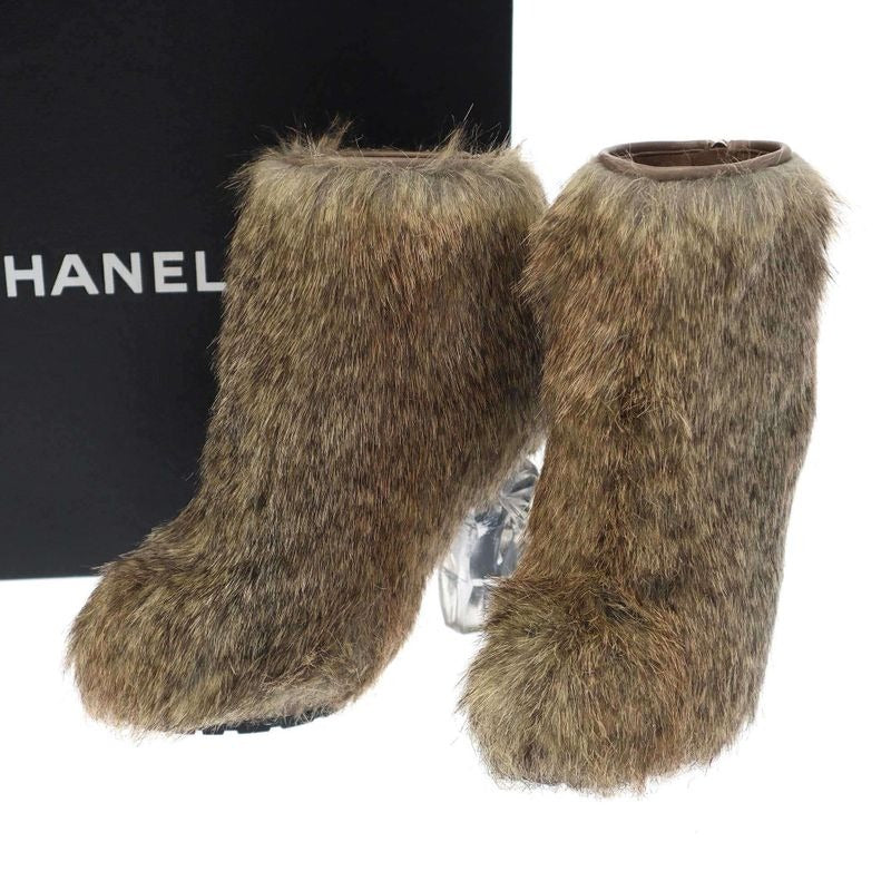 Chanel 10 AW Fur Short Boots Beige 36