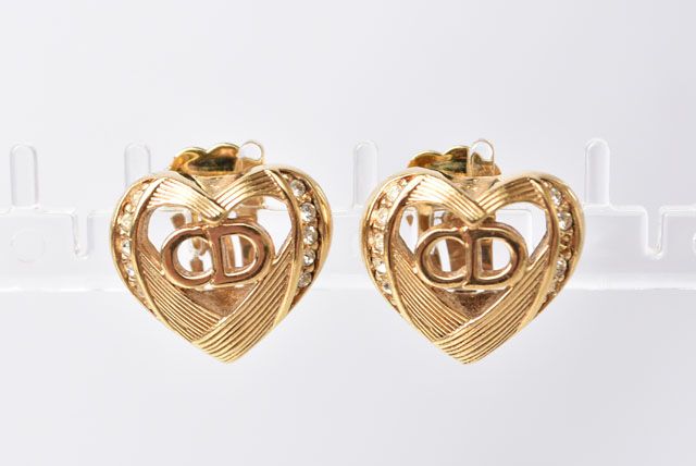 Christian Dior Earring Vintage Heart Motif Rhinestone Gold 230750