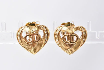 Christian Dior Earring Vintage Heart Motif Rhinestone Gold 230750