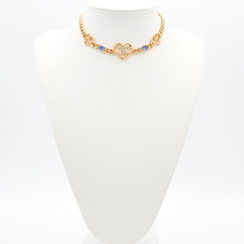 Chanel Necklace Pendant Choker Gold Blue Coco Mark Heart Rhinestone Chain