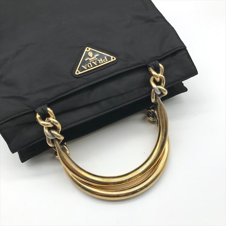 Prada Nylon Tessuto Metal Handle Hand Bag Black Bag