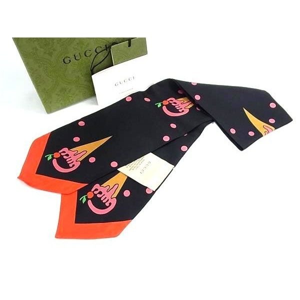 Gucci Neck Bow Silk Ice Pattern Ribbon Scarf Shawl Black