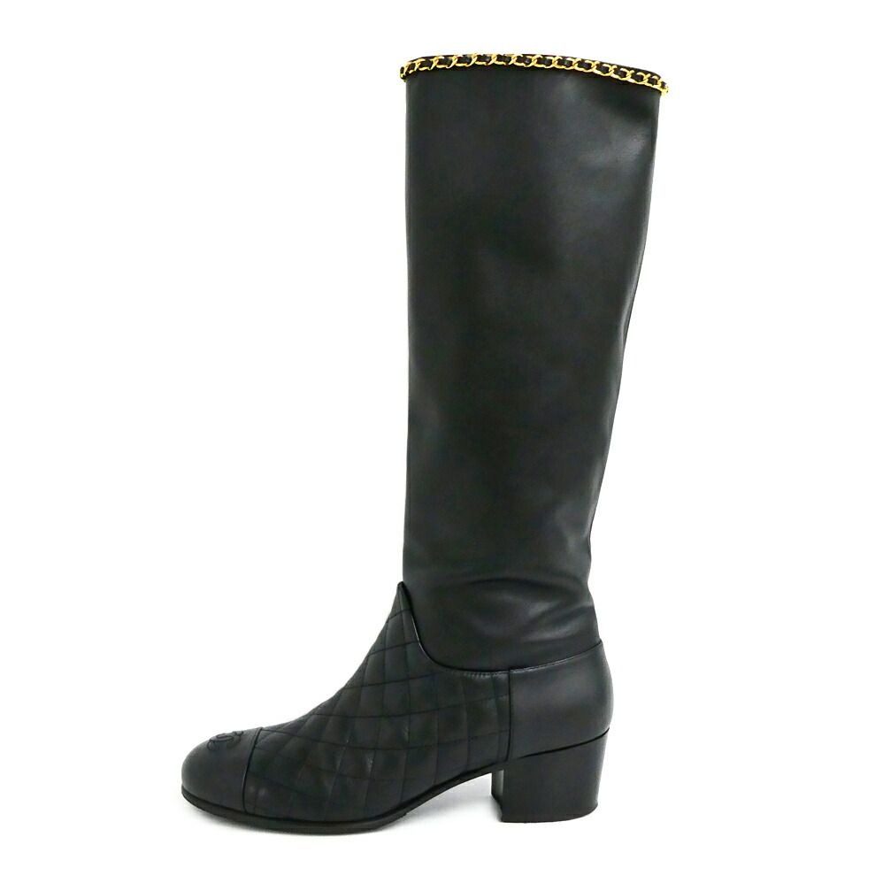 Chanel Chain Long Boots 38.5 Black Gold Quilted Shoes