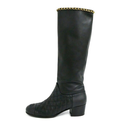 Chanel Chain Long Boots 38.5 Black Gold Quilted Shoes