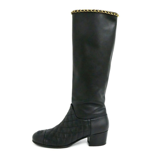 Chanel Chain Long Boots 38.5 Black Gold Quilted Shoes