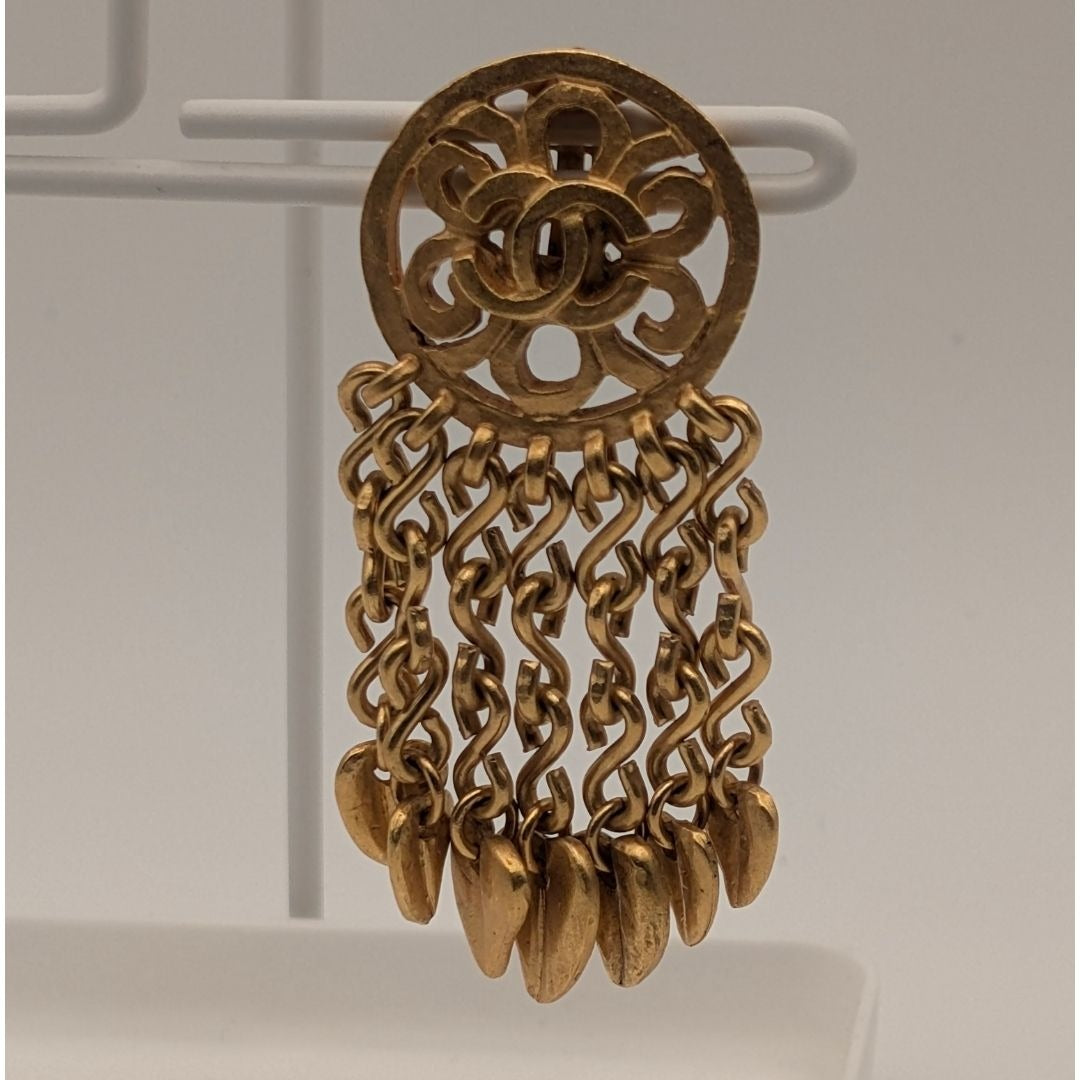 Chanel Earrings CC Logo Gold Fringe Swing Single Ear