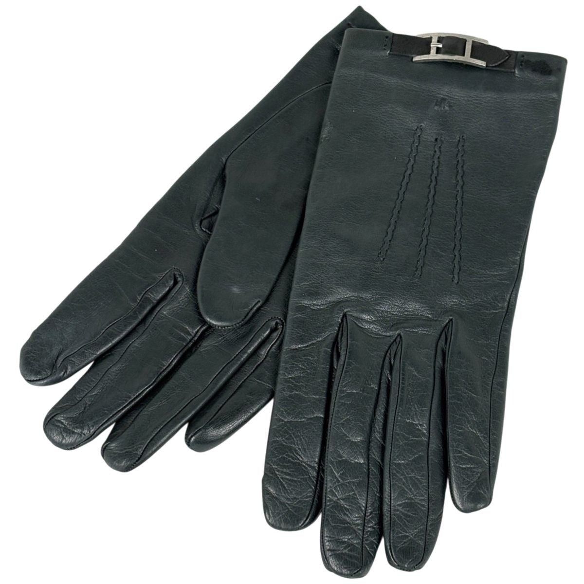Hermes Logo Gloves Cold Protection Stitching Leather Dark Green