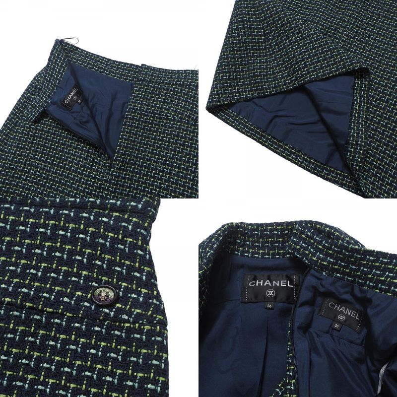 Chanel Skirt Suit Size 36 P56 P55 Lion Button Tweed Jacket Knee Length Skirt