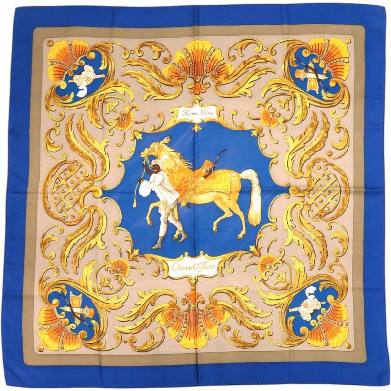 Hermes Carre 90 Turkish Horse Cheval Turc Silk Blue Scarf 0118