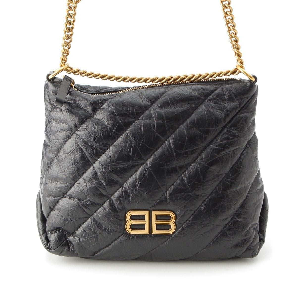 Balenciaga Crush Leather Small Quilted Hobo Chain Shoulder Bag Black
