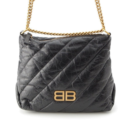 Balenciaga Crush Leather Small Quilted Hobo Chain Shoulder Bag Black
