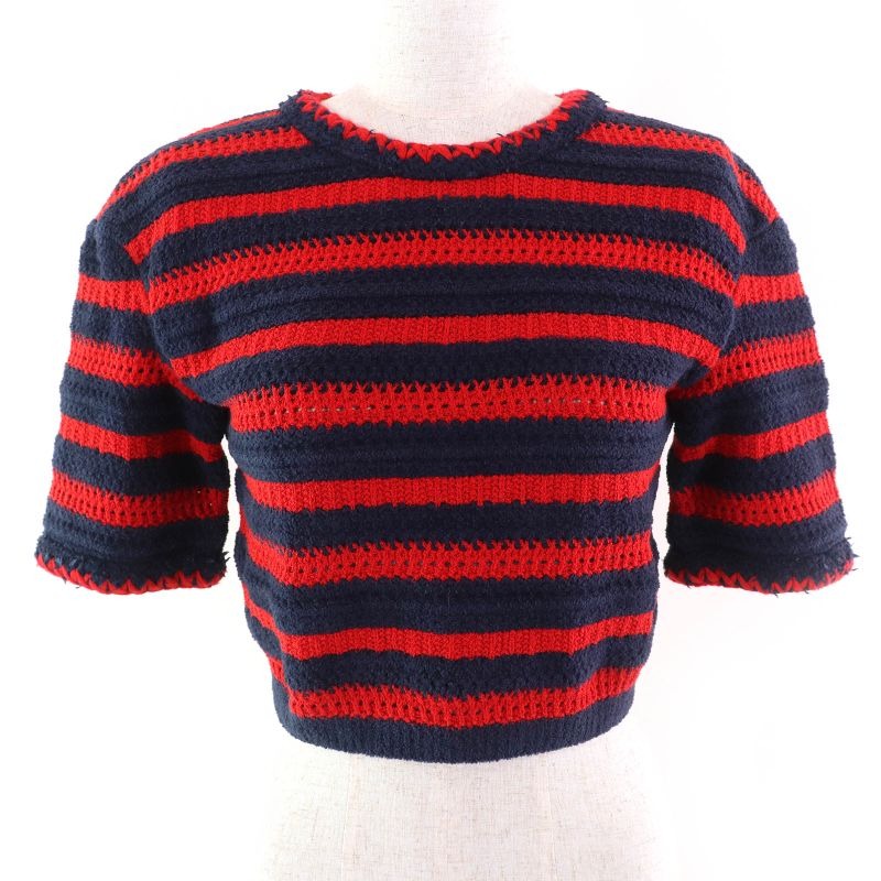 Chanel 23 AW 21 C Coco Mark Button Cotton Striped Crewneck Cropped