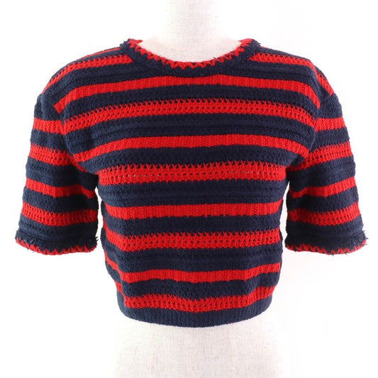 Chanel 23 AW 21 C Coco Mark Button Cotton Striped Crewneck Cropped
