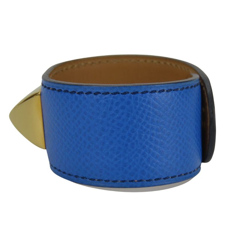 Hermes Bracelet Medor Leather Metal Blue Gold Hardware Accessories Small Women