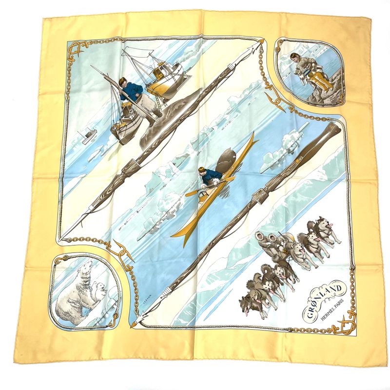Hermes Carre 90 1982 Gronland Greenland Eskimo Dog Sled Silk Scarf Yellow