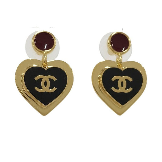 Chanel Earrings Heart CC Logo Plated Gold