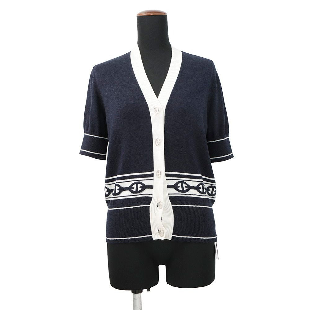 Hermes Cardigan Chaine D'ancre Knit Silk Cashmere 36 Blue Noir Black