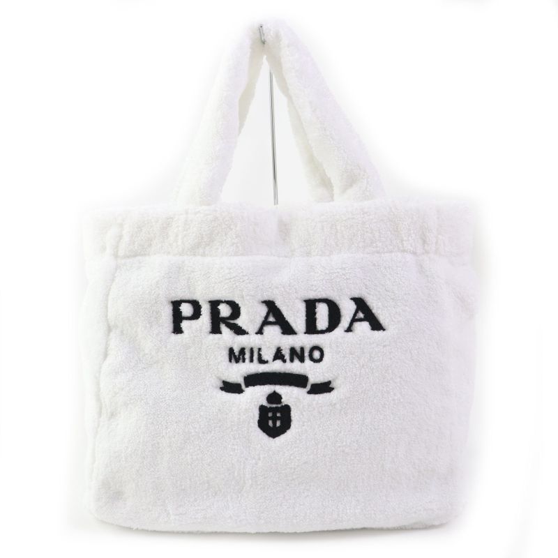 Prada 1bg130 Spugna Bianco NERO Terry Tote Bag White Black TU Storage With Bag