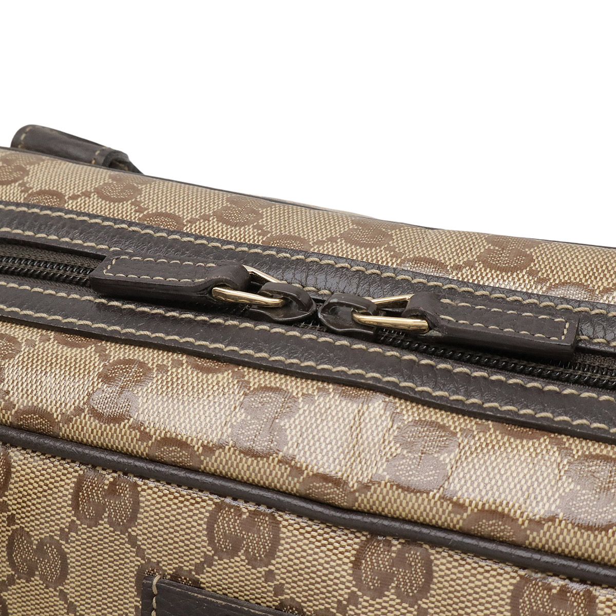 Gucci Sherry Boston Bag Handbag Coated Canvas Leather Khaki Beige Dark Brown