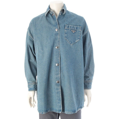 Prada Triangle Logo Mid Bull Gannic Shirt Denim Jacket Ice 36