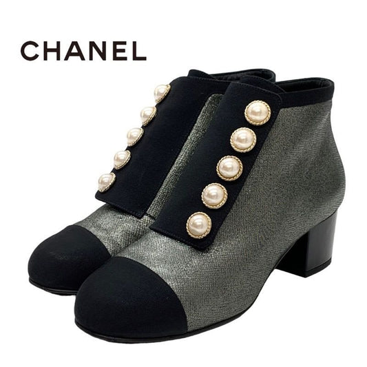 Chanel Boots Short Shoes Fabric Metallic Gray Coco Mark Pearl