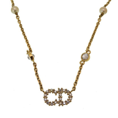 Christian Dior CD Logo Clairdlune Stone Faux Pearl Gold Necklace Accessory 0167