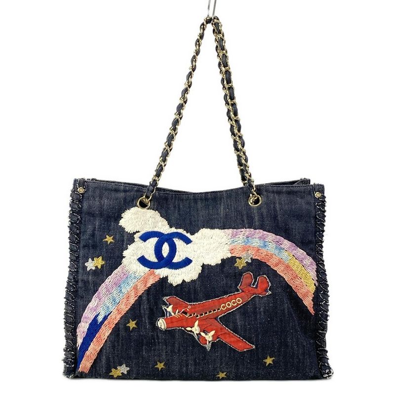 Chanel Tote Bag - Dark Navy White And Multi Embroidered Night Flight Chain